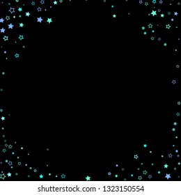 Blue, cyan, turquoise glitter stars, shiny confetti. Scattered little sparkling, glitter elements. Random stellar falling on black background. New Year Christmas background. Vector illustration.