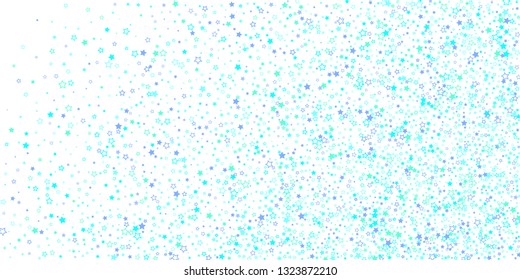 Blue, cyan, turquoise glitter stars, shiny confetti. Scattered little sparkling, glitter elements. Random stellar falling on white background. New Year Christmas background. Vector illustration.