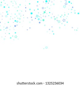Blue, cyan, turquoise glitter stars, shiny confetti. Scattered little sparkling, glitter elements. Random stellar falling on white background. New Year Christmas background. Vector illustration.