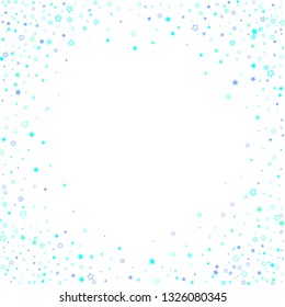 Blue, cyan, turquoise glitter stars, shiny confetti. Scattered little sparkling, glitter elements. Random stellar falling on white background. New Year Christmas background. Vector illustration.