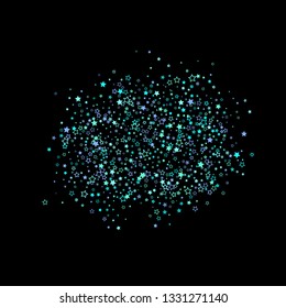 Blue, cyan, turquoise glitter stars, shiny confetti. Scattered little sparkling, glitter elements. Random stellar falling on black background. New Year Christmas background. Vector illustration.