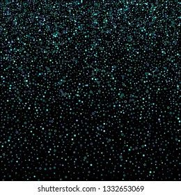 Blue, cyan, turquoise glitter stars, shiny confetti. Scattered little sparkling, glitter elements. Random stellar falling on black background. New Year Christmas background. Vector illustration.