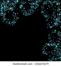 Blue, cyan, turquoise glitter stars, shiny confetti. Scattered little sparkling, glitter elements. Random stellar falling on black background. New Year Christmas background. Vector illustration.