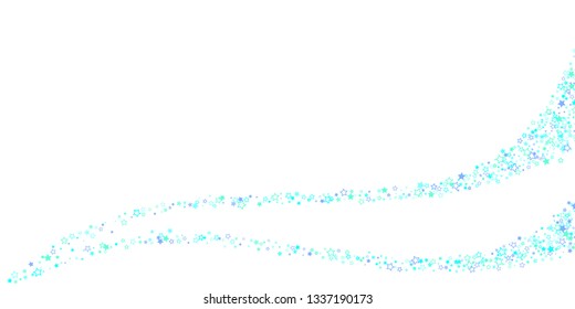 Blue, cyan, turquoise glitter stars, shiny confetti. Scattered little sparkling, glitter elements. Random stellar falling on white background. New Year Christmas background. Vector illustration.