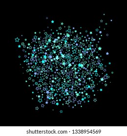 Blue, cyan, turquoise glitter stars, shiny confetti. Scattered little sparkling, glitter elements. Random stellar falling on black background. New Year Christmas background. Vector illustration.