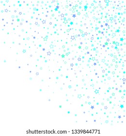 Blue, cyan, turquoise glitter stars, shiny confetti. Scattered little sparkling, glitter elements. Random stellar falling on white background. New Year Christmas background. Vector illustration.