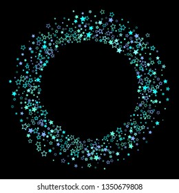 Blue, cyan, turquoise glitter stars, shiny confetti. Scattered little sparkling, glitter elements. Random stellar falling on black background. New Year Christmas background. Vector illustration.