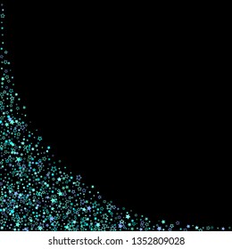 Blue, cyan, turquoise glitter stars, shiny confetti. Scattered little sparkling, glitter elements. Random stellar falling on black background. New Year Christmas background. Vector illustration.