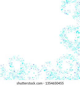 Blue, cyan, turquoise glitter stars, shiny confetti. Scattered little sparkling, glitter elements. Random stellar falling on white background. New Year Christmas background. Vector illustration.