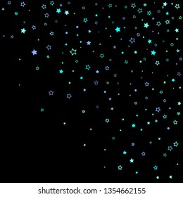 Blue, cyan, turquoise glitter stars, shiny confetti. Scattered little sparkling, glitter elements. Random stellar falling on black background. New Year Christmas background. Vector illustration.