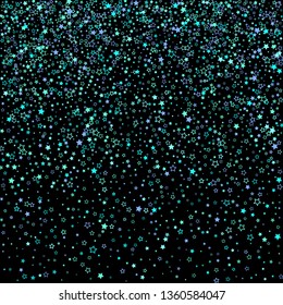 Blue, cyan, turquoise glitter stars, shiny confetti. Scattered little sparkling, glitter elements. Random stellar falling on black background. New Year Christmas background. Vector illustration.