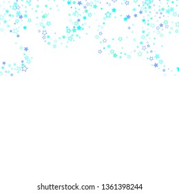Blue, cyan, turquoise glitter stars, shiny confetti. Scattered little sparkling, glitter elements. Random stellar falling on white background. New Year Christmas background. Vector illustration.