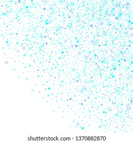 Blue, cyan, turquoise glitter stars, shiny confetti. Scattered little sparkling, glitter elements. Random stellar falling on white background. New Year Christmas background. Vector illustration.
