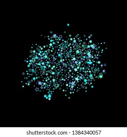 Blue, cyan, turquoise glitter stars, shiny confetti. Scattered little sparkling, glitter elements. Random stellar falling on black background. New Year Christmas background. Vector illustration.