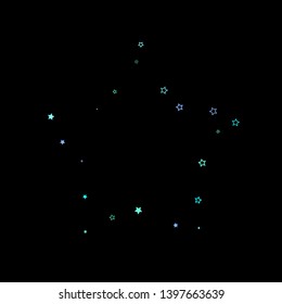 Blue, cyan, turquoise glitter stars, shiny confetti. Scattered little sparkling, glitter elements. Random stellar falling on black background. New Year Christmas background. Vector illustration.