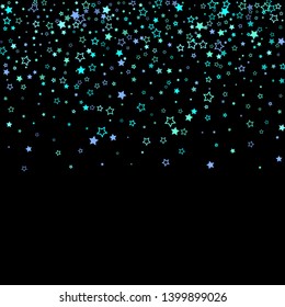 Blue, cyan, turquoise glitter stars, shiny confetti. Scattered little sparkling, glitter elements. Random stellar falling on black background. New Year Christmas background. Vector illustration.