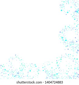 Blue, cyan, turquoise glitter stars, shiny confetti. Scattered little sparkling, glitter elements. Random stellar falling on white background. New Year Christmas background. Vector illustration.