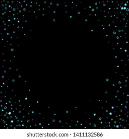 Blue, cyan, turquoise glitter stars, shiny confetti. Scattered little sparkling, glitter elements. Random stellar falling on black background. New Year Christmas background. Vector illustration.