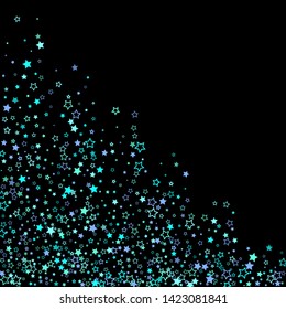 Blue, cyan, turquoise glitter stars, shiny confetti. Scattered little sparkling, glitter elements. Random stellar falling on black background. New Year Christmas background. Vector illustration.