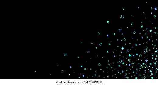Blue, cyan, turquoise glitter stars, shiny confetti. Scattered little sparkling, glitter elements. Random stellar falling on black background. New Year Christmas background. Vector illustration.