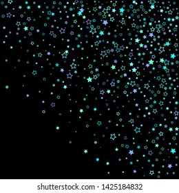 Blue, cyan, turquoise glitter stars, shiny confetti. Scattered little sparkling, glitter elements. Random stellar falling on black background. New Year Christmas background. Vector illustration.