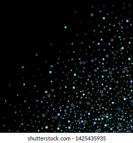 Blue, cyan, turquoise glitter stars, shiny confetti. Scattered little sparkling, glitter elements. Random stellar falling on black background. New Year Christmas background. Vector illustration.