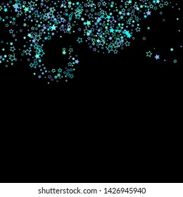 Blue, cyan, turquoise glitter stars, shiny confetti. Scattered little sparkling, glitter elements. Random stellar falling on black background. New Year Christmas background. Vector illustration.