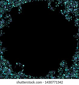 Blue, cyan, turquoise glitter stars, shiny confetti. Scattered little sparkling, glitter elements. Random stellar falling on black background. New Year Christmas background. Vector illustration.