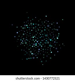 Blue, cyan, turquoise glitter stars, shiny confetti. Scattered little sparkling, glitter elements. Random stellar falling on black background. New Year Christmas background. Vector illustration.