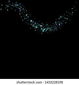 Blue, cyan, turquoise glitter stars, shiny confetti. Scattered little sparkling, glitter elements. Random stellar falling on black background. New Year Christmas background. Vector illustration.