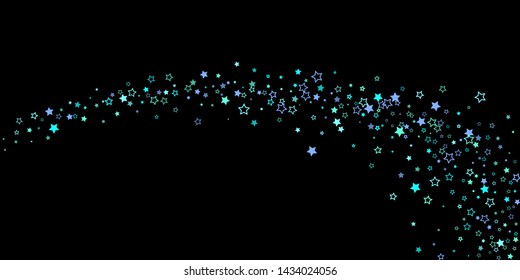 Blue, cyan, turquoise glitter stars, shiny confetti. Scattered little sparkling, glitter elements. Random stellar falling on black background. New Year Christmas background. Vector illustration.