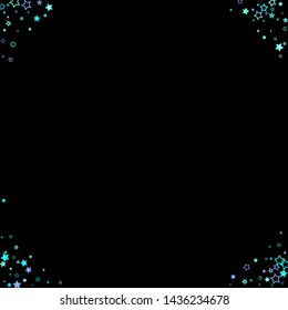 Blue, cyan, turquoise glitter stars, shiny confetti. Scattered little sparkling, glitter elements. Random stellar falling on black background. New Year Christmas background. Vector illustration.