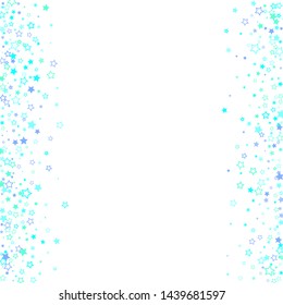 Blue, cyan, turquoise glitter stars, shiny confetti. Scattered little sparkling, glitter elements. Random stellar falling on white background. New Year Christmas background. Vector illustration.