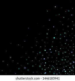 Blue, cyan, turquoise glitter stars, shiny confetti. Scattered little sparkling, glitter elements. Random stellar falling on black background. New Year Christmas background. Vector illustration.