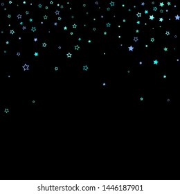 Blue, cyan, turquoise glitter stars, shiny confetti. Scattered little sparkling, glitter elements. Random stellar falling on black background. New Year Christmas background. Vector illustration.