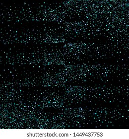 Blue, cyan, turquoise glitter stars, shiny confetti. Scattered little sparkling, glitter elements. Random stellar falling on black background. New Year Christmas background. Vector illustration.
