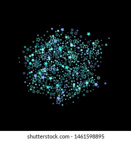 Blue, cyan, turquoise glitter stars, shiny confetti. Scattered little sparkling, glitter elements. Random stellar falling on black background. New Year Christmas background. Vector illustration.