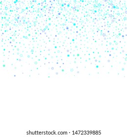 Blue, cyan, turquoise glitter stars, shiny confetti. Scattered little sparkling, glitter elements. Random stellar falling on white background. New Year Christmas background. Vector illustration.