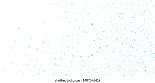 Blue, cyan, turquoise glitter stars, shiny confetti. Scattered little sparkling, glitter elements. Random stellar falling on white. New Year Christmas background. Vector illustration.