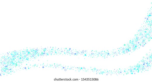 Blue, cyan, turquoise glitter stars, shiny confetti. Scattered little sparkling, glitter elements. Random stellar falling on white background. New Year Christmas background. Vector illustration.