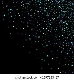 Blue, cyan, turquoise glitter stars, shiny confetti. Scattered little sparkling, glitter elements. Random stellar falling on black background. New Year Christmas background. Vector illustration.