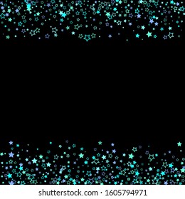Blue, cyan, turquoise glitter stars, shiny confetti. Scattered little sparkling, glitter elements. Random stellar falling on black background. New Year Christmas background. Vector illustration.