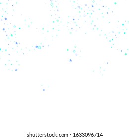 Blue, cyan, turquoise glitter stars, shiny confetti. Scattered little sparkling, glitter elements. Random stellar falling on white background. New Year Christmas background. Vector illustration.