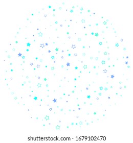 Blue, cyan, turquoise glitter stars, shiny confetti. Scattered little sparkling, glitter elements. Random stellar falling on white background. New Year Christmas background. Vector illustration.