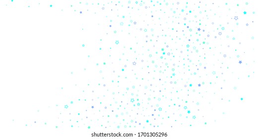 Blue, cyan, turquoise glitter stars, shiny confetti. Scattered little sparkling, glitter elements. Random stellar falling on white background. New Year Christmas background. Vector illustration.