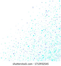 Blue, cyan, turquoise glitter stars, shiny confetti. Scattered little sparkling, glitter elements. Random stellar falling on white background. New Year Christmas background. Vector illustration.