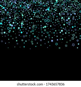 Blue, cyan, turquoise glitter stars, shiny confetti. Scattered little sparkling, glitter elements. Random stellar falling on black background. New Year Christmas background. Vector illustration.