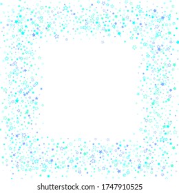 Blue, cyan, turquoise glitter stars, shiny confetti. Scattered little sparkling, glitter elements. Random stellar falling on white background. New Year Christmas background. Vector illustration.