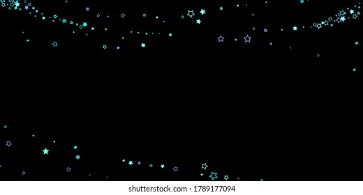 Blue, cyan, turquoise glitter stars, shiny confetti. Scattered little sparkling, glitter elements. Random stellar falling on black background. New Year Christmas background. Vector illustration.