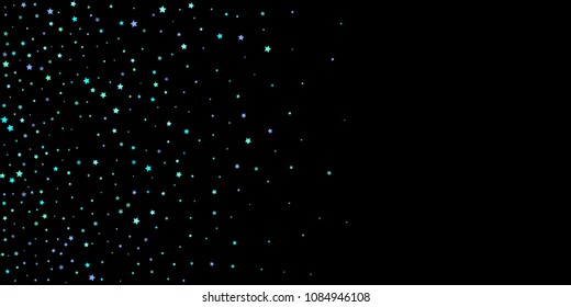 Blue, cyan, turquoise stars, shiny confetti. Scattered little sparkling, glitter elements. Random stellar falling on black background. New Year Christmas background. Vector illustration.